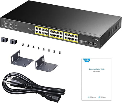 Cudy 24 Gigabit Ethernet Unmanaged PoE+ Switch, 300W, 24 * 100/1000Mbps PoE+ Ports, 2 Gigabit SFP, CCTV / VLAN Mode, 19-inch Rackmount, 802.3af/at, GS1028PS2