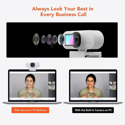NUROUM V15AF 2K Webcam for PC, 1080p 60FPS AutoFocus Web Camera with Microphone, Privacy Cover and Mute, 75°FOV Dual Microphone USB FHD Computer Camera, Plug and Play for Zoom/Skype/Teams, White