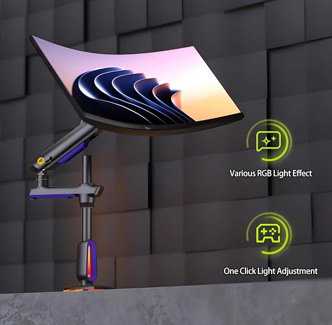 RGB Gaming Monitor-Arm for Flat/Ultrawide/Curved Monitors 32 to 60 inch, Heavy Duty Stand Load up to 20 kg, VESA 75/100 mm Monitor Mount G80