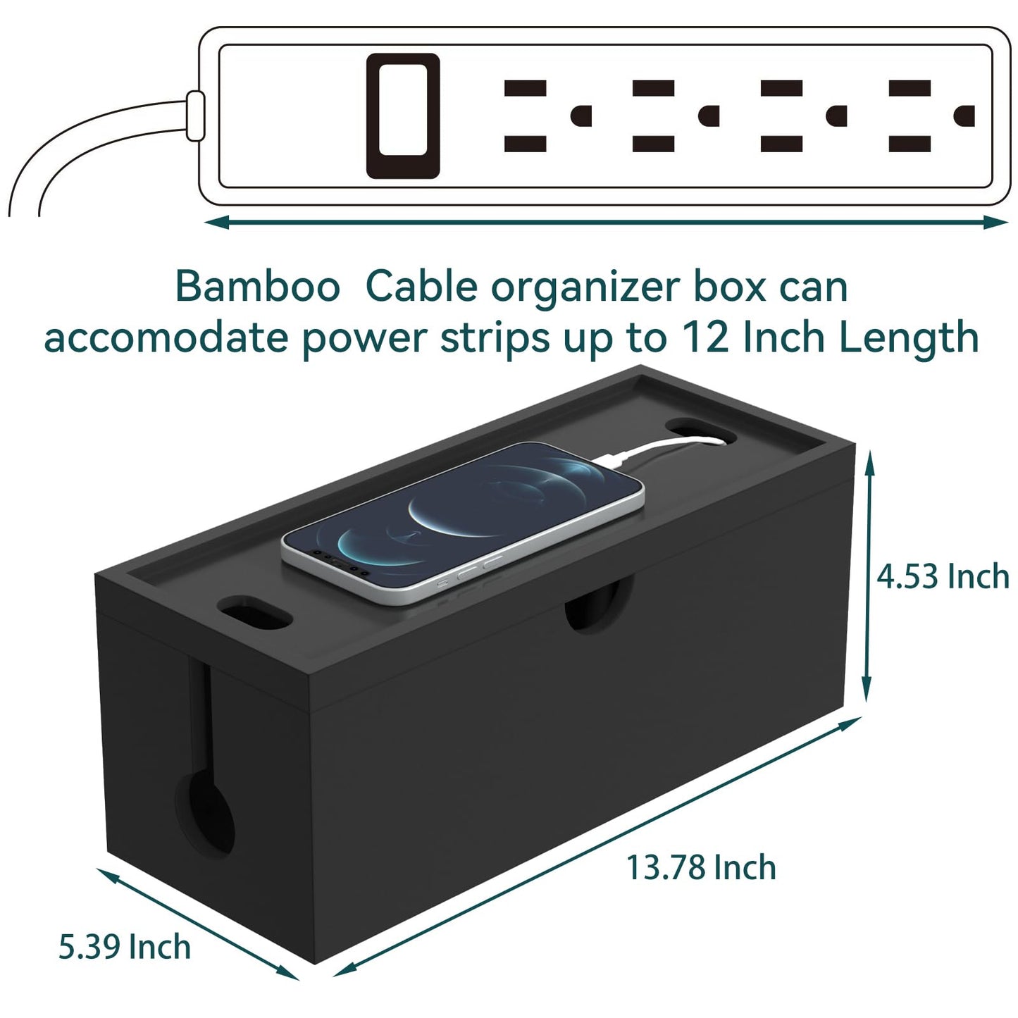 Bamboo Cable Management Box, Large Cord Organizer Box Cable Box to Hide Wires & Power Strips for Desktop Storage Cord Holder for Office Home,No Assembley Required (All Black, 1Medium)