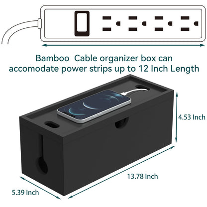 Bamboo Cable Management Box, Large Cord Organizer Box Cable Box to Hide Wires & Power Strips for Desktop Storage Cord Holder for Office Home,No Assembley Required (All Black, 1Medium)