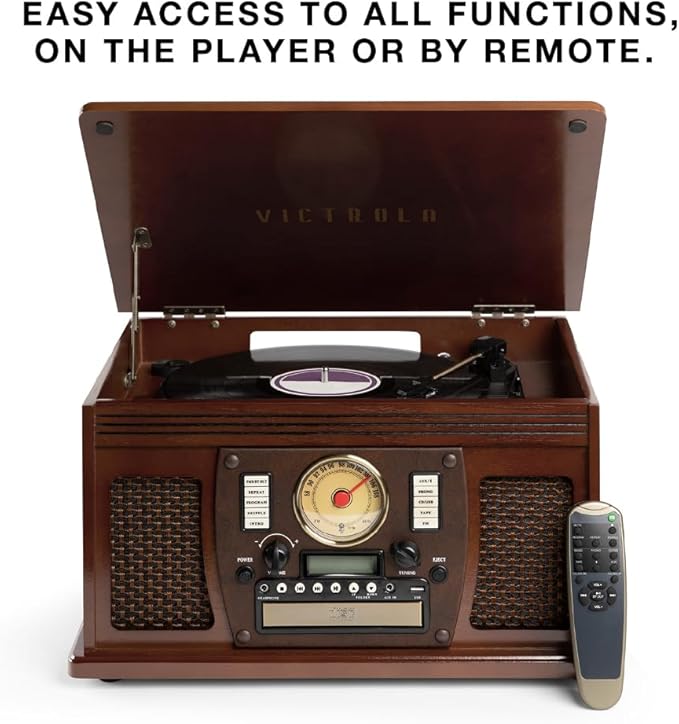 Victrola Navigator 8-in-1 Bluetooth Record Player with Built-in Speakers – 3 Speed Turntable, CD Player, Cassette, FM Radio, USB, RCA Out, Headphone Jack, Wireless Music Streaming, Real Wood (Black)
