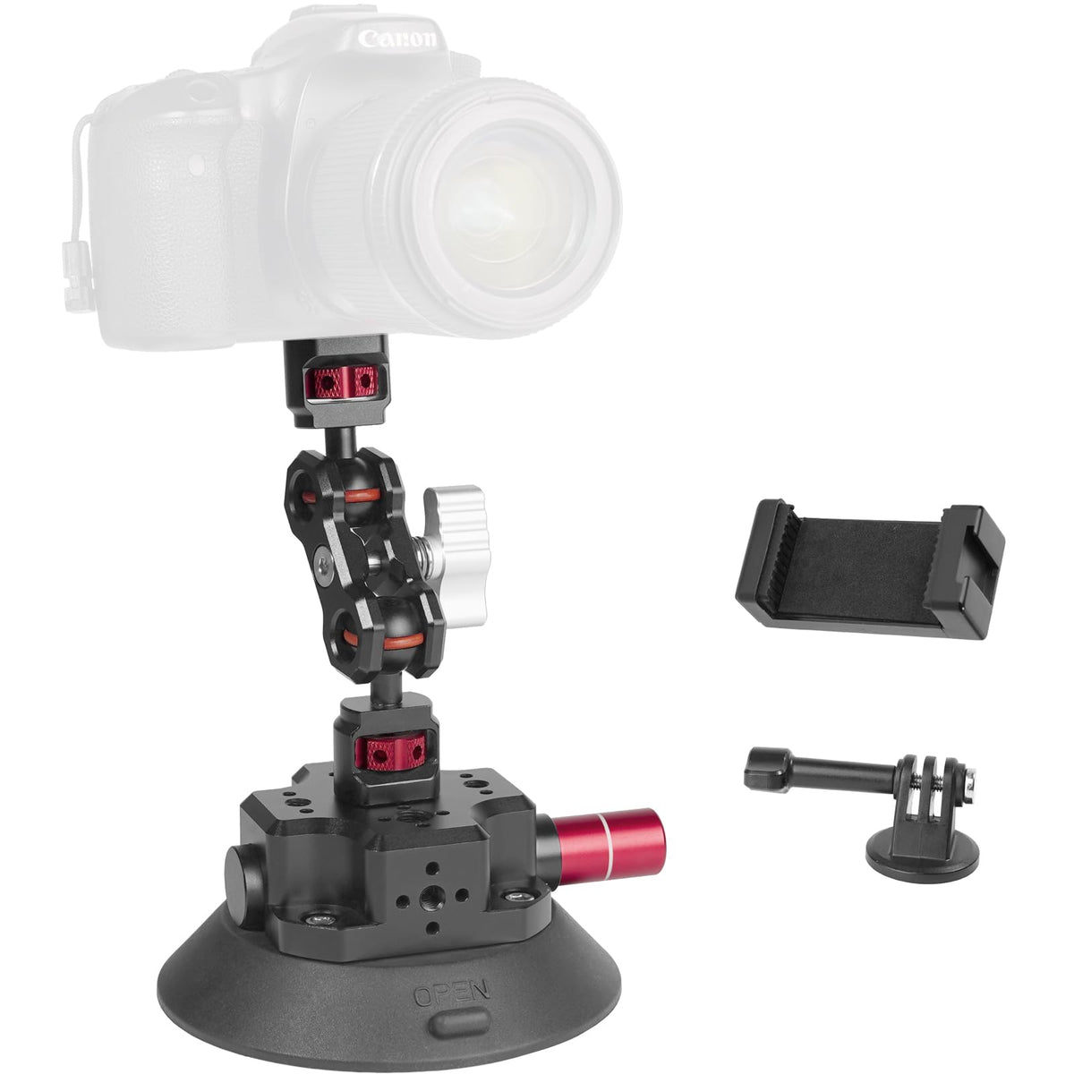 CNC Machined 3in Camera Suction Cup Mount with Adjustable Magic Arm, 1/4" ARRI Holes Quick Release Car Mount with Phone Holder & Action Camera Adapter Compatible with DJI OSMO Pocket 3 Insta360 iPhone