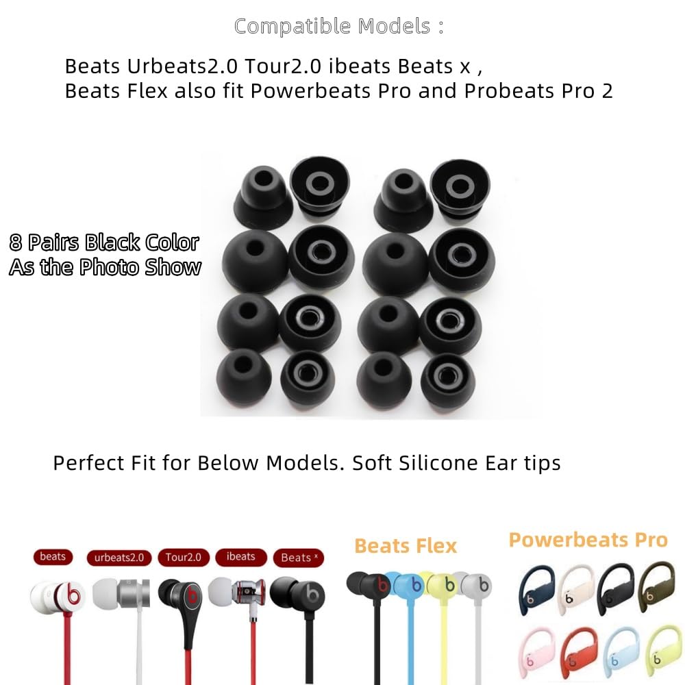 Aginkgo Replacement Ear Tips for Beats Urbeats2.0 Tour2.0 ibeats Beats x, Beats Flex Secure Fit for Powerbeats Pro Silicone Earbuds Washable Sweat-Resistant Noise Isolation 8 Pairs (Black)