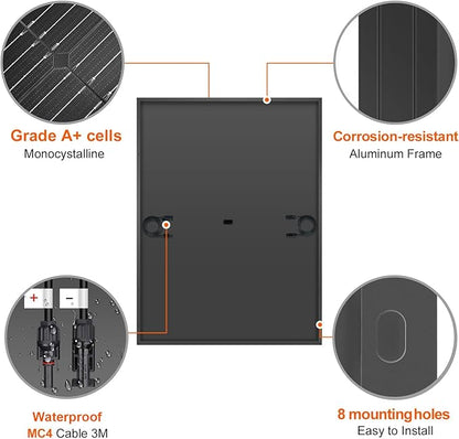 DOKIO 400W Monocrystalline Solar Panel 12/24V, 3 m MC4 Cable for Yard/Garden - Shed/Patio/Greenhouse Power, Off-Grid Battery Charging, 12V Parallel Wiring Recommended, Easy to Route