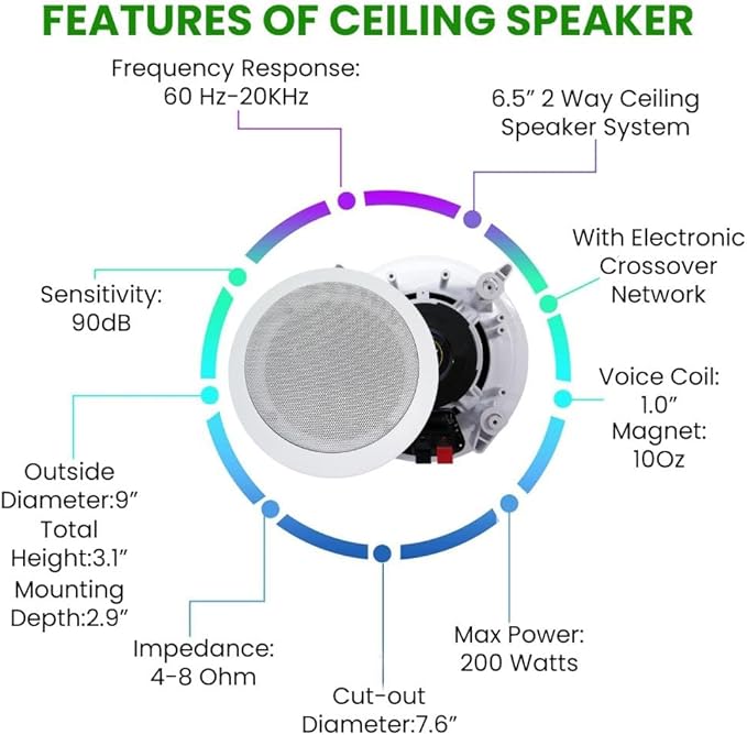 Vaiyer Home Stereo System Kit - 7.2 Channel 4500 Watts Bluetooth Amplifier with 8 Qty of 6.5" Ceiling Speakers 200W Each, Mic, 16 AWG 500 ft. Speaker Wire & Remote for Home, Bar, Office, Restaurant