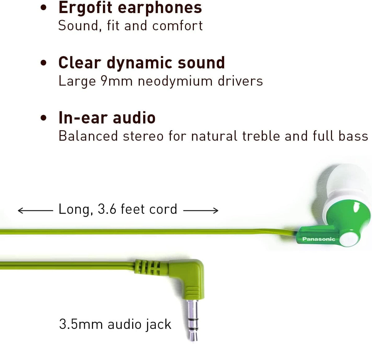 Panasonic ErgoFit In-Ear Earbud Headphones RP-HJE120-G (Green) Dynamic Crystal Clear Sound, Ergonomic Comfort-Fit