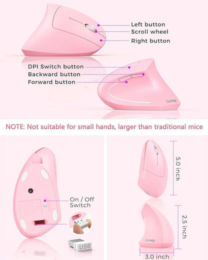Lekvey Ergonomic Mouse, Vertical Wireless Mouse, Rechargeable 2.4 GHz USB Optical Carpal Tunnel Mice : 800/1200 / 1600 DPI, 6 Buttons, for Laptop, PC, Computer, Desktop, Notebook etc, Pink