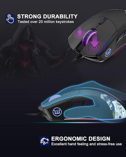 COSTOM Womier G705 USB Wired Gaming Mouse for PC Computer Windows Mac Laptop, Lightweight Silent RGB Backlit Mouse with Adjustable 12000DPI/7 Programmable Side Buttons,Black Kanagawa Theme