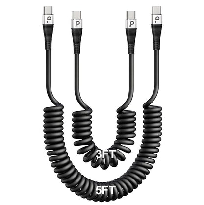 Coiled USBC to USBC Cables for Car 3FT/5FT, USB C to USB C Fast Charging Cables Short Type C Cord for iPhone 16/15/Pro/Plus/Pro Max/Samsung Galaxy S23, Compatible All Type C Devices-Silver 2Pack