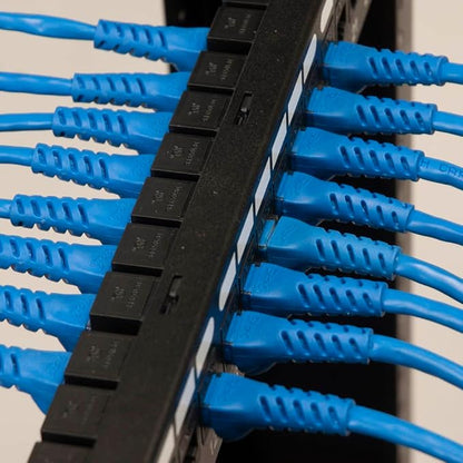 ICC CAT5e Feed-Through Patch Panel, 48 Port, 2U Rackmount, RJ45 Ethernet Patch Panel, No Punch Down, PoE++ and TAA Compliant, Black