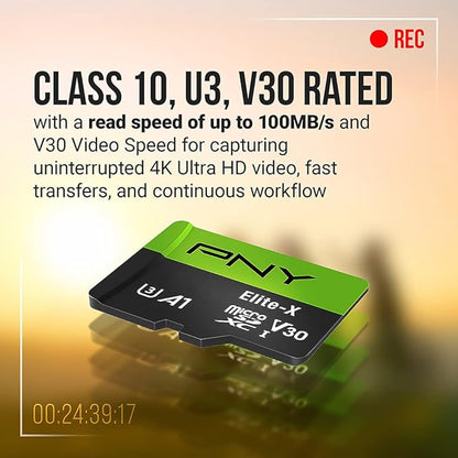 PNY 64GB Elite-X Class 10 U3 V30 SDXC Flash Memory Card - 100MB/s, Class 10, U3, V30, 4K UHD, Full HD, UHS-I, Full Size SD (Pack of 1)