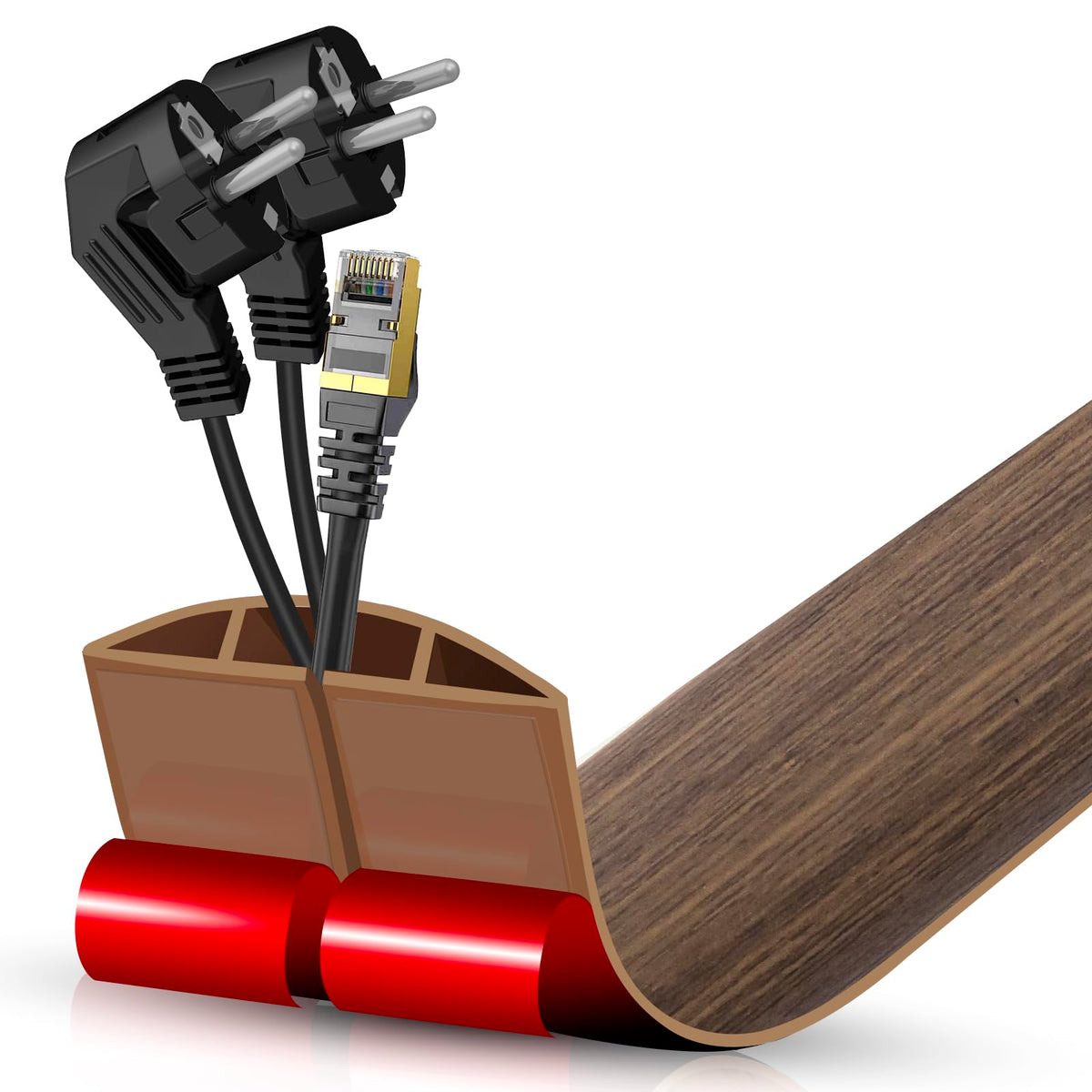 Floor Cord Cover Cavity 0.8"x0.37" Self Adhesive Cord Hider, 10FT Low Profile Cable Management, Extension Strip Protector for Wires, Prevent Cable Trips for Offices, Gyms, Exhibitions (Brown Wood)