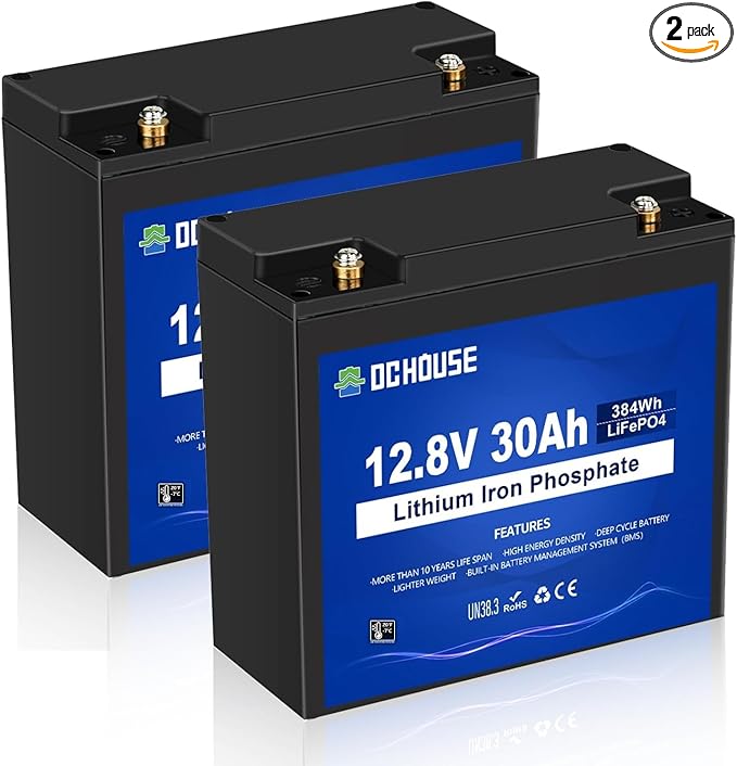 DC HOUSE 2 Pack 12V 30Ah LiFePO4 Lithium Battery, Low Temp Cut-Off, 4000+ Deep Cycle Rechargeable Battery, Perfect for Scooter Pride Mobility Jazzy Select Electric Wheelchair, Trolling Motor