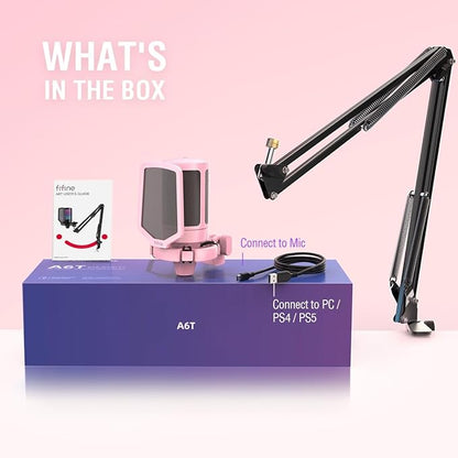 FIFINE Gaming USB Microphone Kit, PC Streaming Recording Computer RGB Microphone Set for Podcasting, Singing, YouTube, Condenser Cardioid Mic with Quick Mute, Gain Knob-A6T Pink
