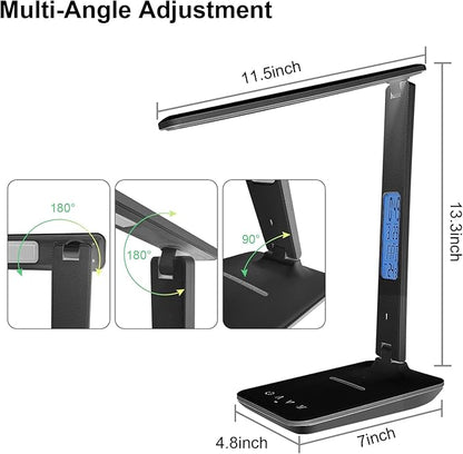 Desk Lamp with Wireless Charger，USB Charging Port, Dimmable Office Desk Light with Clock, Alarm, Date, Temperature, Foldable Lamp for Table Bedroom Bedside Office (Black, Standard Size-13.3 inch)