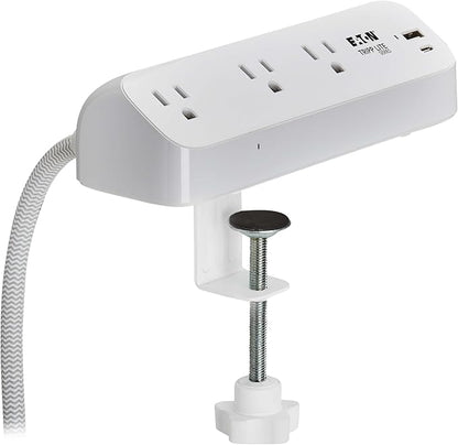 Eaton Tripp Lite Series Desk Clamp Power Strip Surge Protector, 3-Outlets, USB-A & USB-C Charging Ports, 900 Joules, 8ft Braided Flat Extension Cord, Lifetime Manufacturer's Warranty (TLP308U20CLAMP)