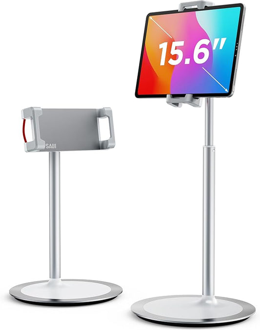 SAIJI iPad Stand for Desk - Tablet Holder Extra-Height 360° Rotating Adjustable Aluminum Alloy Cradle for 4.7"-15.6" iPhone Samsung Kindle Portable Monitor (Silver)