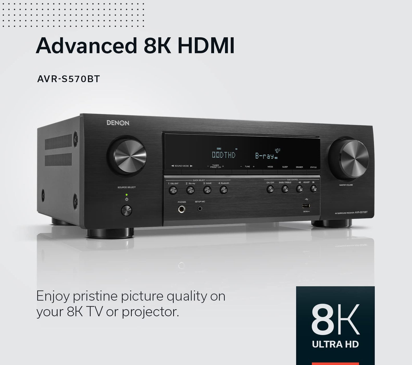 Denon AVR-S570BT AV Receiver 5.2 Channel 8K Ultra HD Audio & Video, Stereo Receivers, Denon AVR Wireless Streaming Bluetooth, (4) 8K HDMI Inputs, eARC, HD Setup Assistant