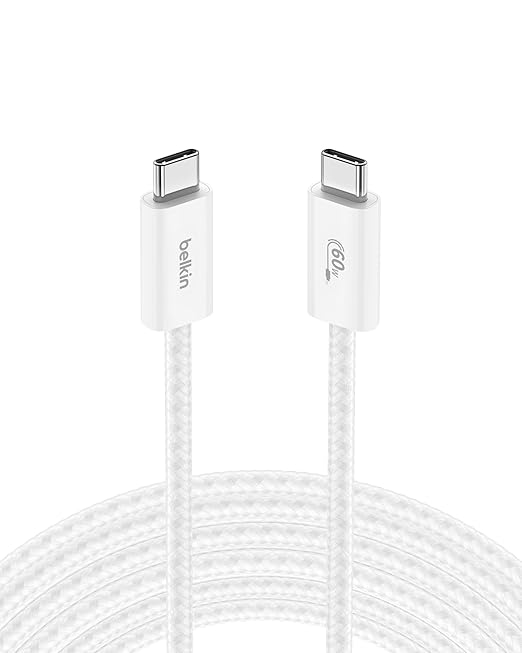 Belkin USB C to USB C Cable, 9.9ft, 60W - Type C Charger, iPhone Charger Cord, Soft, Braided, Flexible for iPhone 16, Galaxy S25, Pixel 9, Airpods, iPad Pro, Tablet & More, Travel Essentials - White