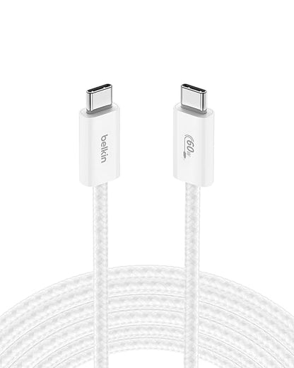 Belkin USB C to USB C Cable, 9.9ft, 60W - Type C Charger, iPhone Charger Cord, Soft, Braided, Flexible for iPhone 16, Galaxy S25, Pixel 9, Airpods, iPad Pro, Tablet & More, Travel Essentials - White