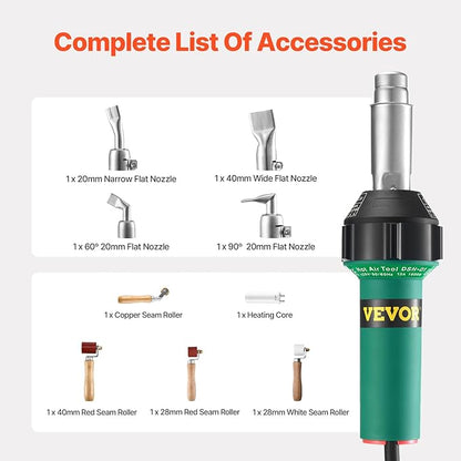 VEVOR Hot Air Plastic Welder, 1600W Hot Air Torch Pistol, 122-1112℉ PVC TPO Vinyl Heat Gun Welding Torch, Plastic Roofing Welding Kit with 9 Accessories- 4 Nozzles & 4 Seam Rollers for PP/PE/PVC Sheet