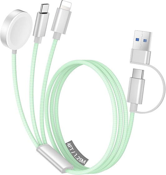 Temdan for Travel Vacation Essentials,3 in 2 USB C Cable for Apple Watch Charger/iPhone 16 Charger/Lightning,Multi Charging Cable Cord,Camping Essentials,Designed for iWatch &iPhone 16-12-4FT Green