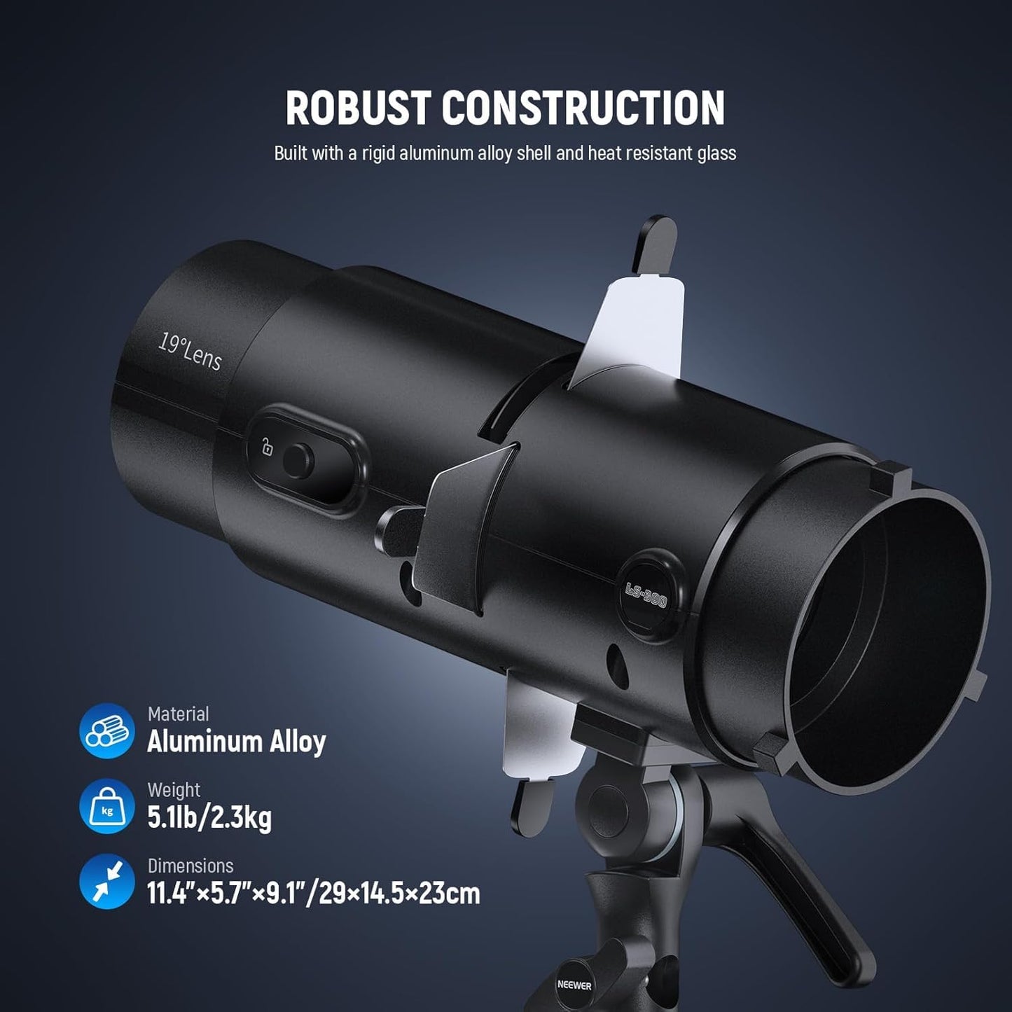 NEEWER LS-300 Spotlight Optical Snoot for 300W Bowens Mount LED Video Lights with 16x GOBO 19° Projection Lens 98% Light Transmittance Geometric Shaper for Creative Photography & Enhanced Illuminance
