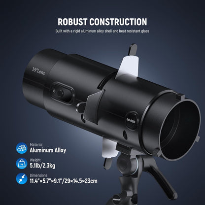 NEEWER LS-300 Spotlight Optical Snoot for 300W Bowens Mount LED Video Lights with 16x GOBO 19° Projection Lens 98% Light Transmittance Geometric Shaper for Creative Photography & Enhanced Illuminance