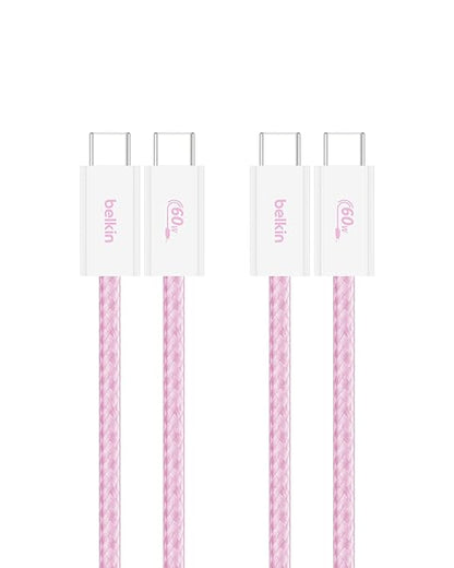 Belkin USB C to USB C Cable 2-Pack, 3.3ft, 60W - Type C Charger, iPhone Charger Cord, Soft, Braided, Flexible for iPhone 16, Galaxy S25, Pixel 9, Airpods, iPad Pro & More, Travel Essentials - Pink