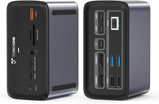 TobenONE MacBook Docking Station Dual 4K@60Hz, 16-in-2 USB C Docking Station with 2 HDMI Ports, 7 USB Ports, 100W GaN Power Supply & 20W Charging, 2.5Gbps Ethernet, for Home & Office