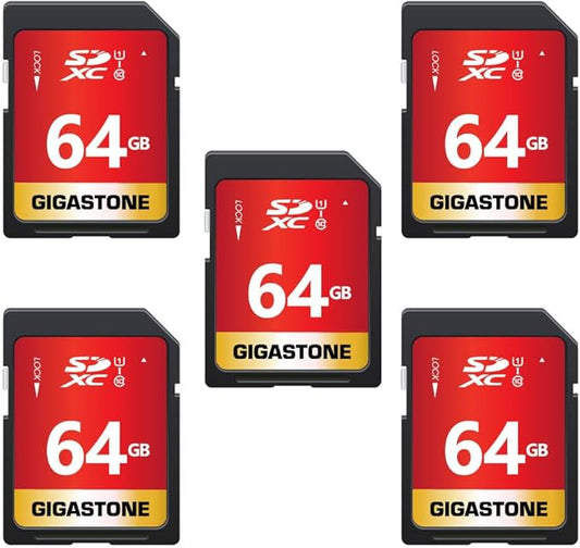 GIGASTONE 64GB SD Card 5-Pack UHS-I U1 Class 10 SDXC Memory Card High Speed, Up to 100MB/s, Full HD Video Olympus Digital Camera, with 5 Mini Cases