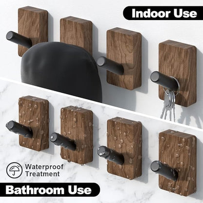 4 PCS Black Walnut Wood Wall Hooks, Adhesive Mounted & Wall Mounted Rustic Decorative Entryway Hooks, Mid Century Modern Natural Wooden Pegs for Hanging Coat Clothes Hat Bag Purse and Towel