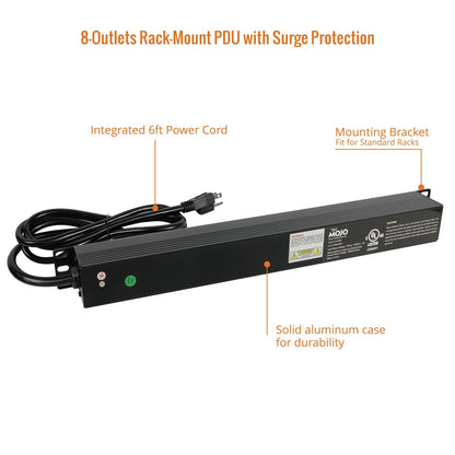 Tecmojo 1U Rack-Mount Horizontal 8-Outlet PDU, UL Listed PDU with Surge Protection LED Indicators 6ft Cord Power Distribution for IT and Network Server Racks