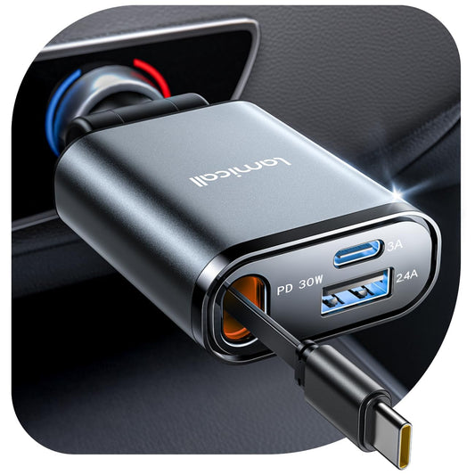 Lamicall Retractable Car Charger USB C 57W Charging for iPhone 17 16 15