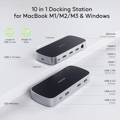 3 HDMI Triple USB C Docking Station, PULWTOP Laptop Docking Station Dual 4K Display for MacBook M1/M2/M3/Windows, Universal USB C Dock with Power Adapter, PD, 10Gbps USBC/A Data,2 USB-A 2.0, Ethernet