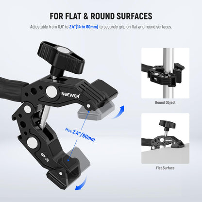 NEEWER Action Camera Mount Kit with Super Clamp, Soft Tube, Action Camera Adapter, Adjustable Holder for Flat/Round Surfaces, Compatible with GoPro Insta360 DJI Smartphone GP-26