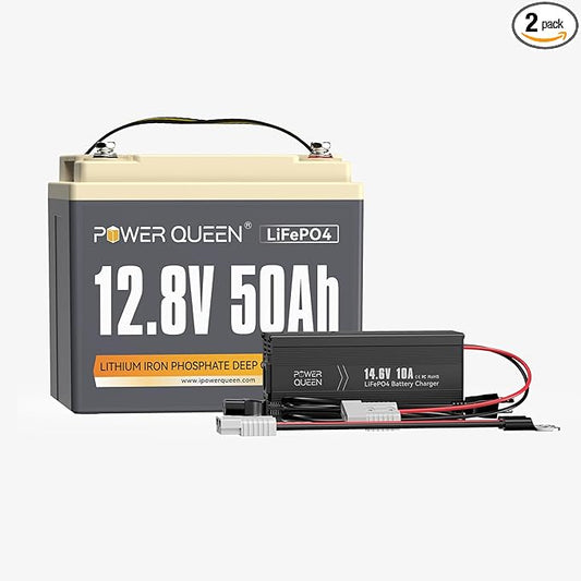 Power Queen 12V 50Ah LiFePO4 Battery with 14.6V 10A LiFePO4 Battery Charger, Built-in 50A BMS,12V 50Ah Deep Cycle Lithium Battery,15000+ Cycles for Kayak Trolling Motor, RV Trailer, Solar Application