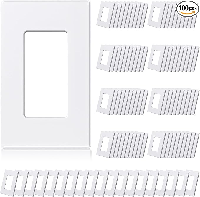 ELEGRP Matte White 1-Gang Screwless Decorative Wall Plates, Standard Size Unbreakable Thermoplastic Faceplate Cover for Decorator Receptacle Outlet Switch, UL Listed (100 Pack)