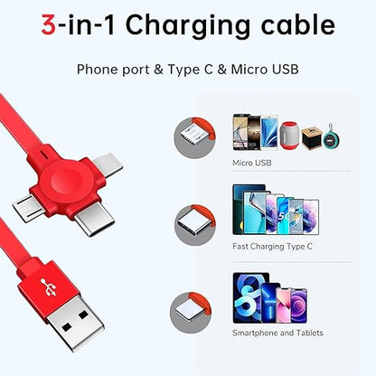 Three in One Charging Cable Cord. 3 in 1 Charging Cable Retractable. Compatible USB C(Type-C)/Micro USB/IP, Compatible with Phone, Android, Tablet (Red)