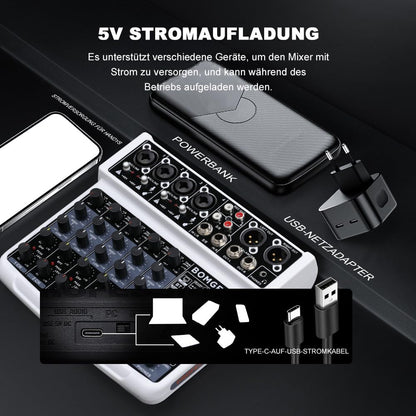 BOMGE 6 Channel mini DJ Audio sound mixer console with USB interface, Bluetooth, Stereo Recording, 48V Phantom Power, 99 DSP effects for karaoke, singing, live，streaming，pc recroding. (white)
