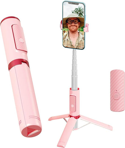 Selfie Stick, Foldable Cellphone Tripod with Remote, Travel Tripod for iPhone Series Android, Video Recording - Pink