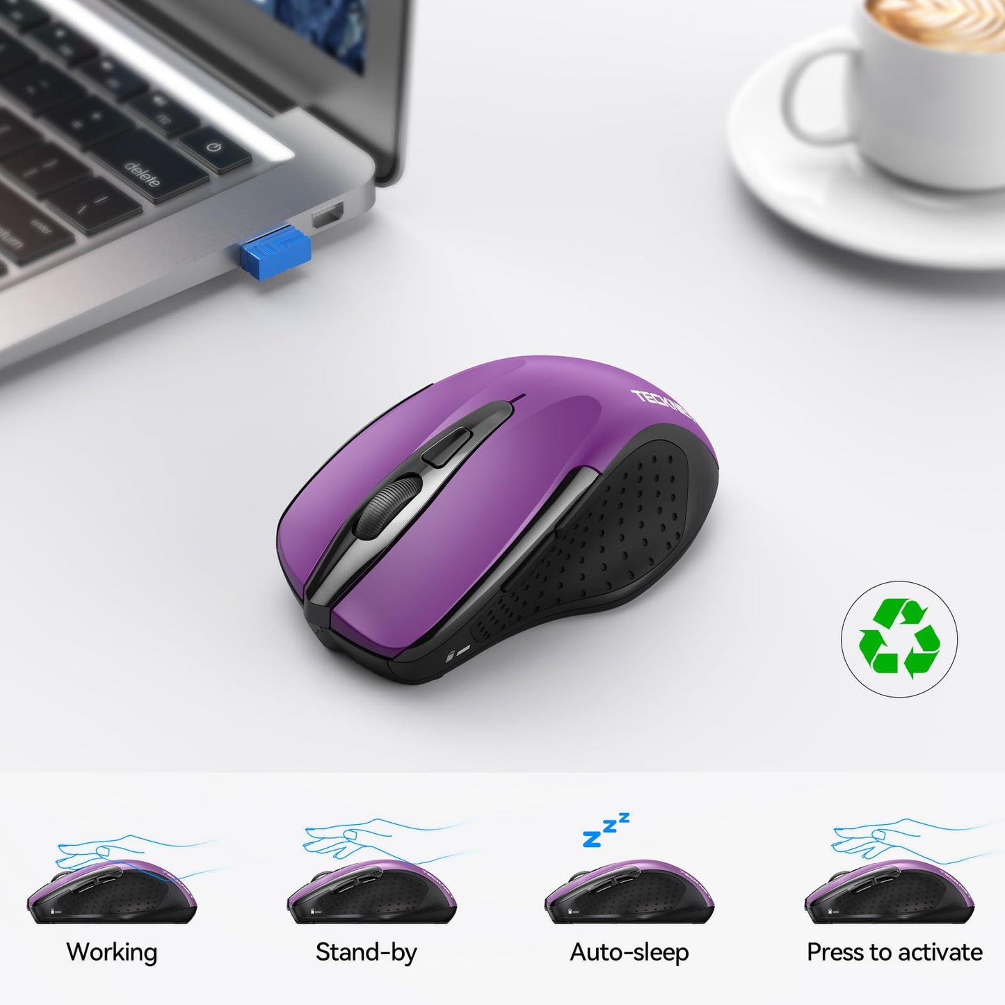 TECKNET Wireless Mouse, BT 5.0/2.4G, Silent 4800 DPI 6 Buttons, Purple