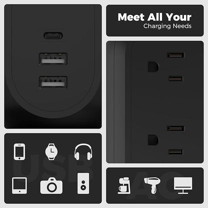 TESSAN Surge Protector Power Strip Tower with 3 USB Ports 11 Outlets, 1875W/15A, Black Extension Cord 6 Feet, 1050J Protection Desktop Charging Station for Office School Dorm Room Essentials