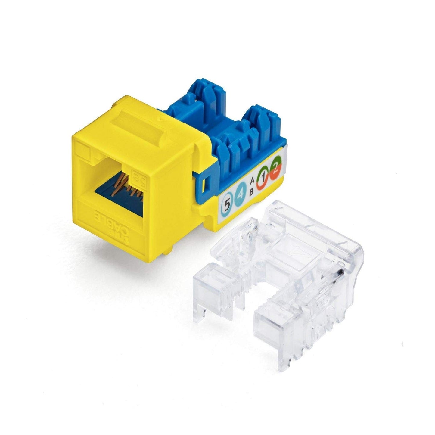 TRUE CABLE Cat5e Keystone Jack, Unshielded (UTP), 90 Degree Punch-Down, PoE++ (4PPoE) 100W, UL Listed, ETL Verified, ANSI/TIA Certified, Modular RJ45 Female, Yellow, 24 Pack