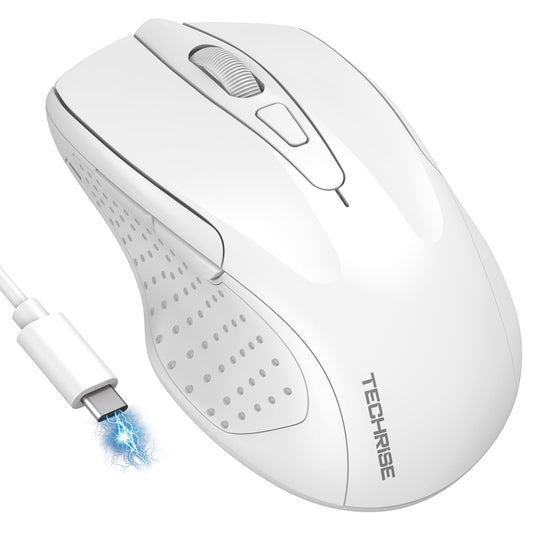 TechRise Bluetooth Mouse (BT5.0/3.0 & 2.4G) Rechargeable Wireless Mouse 2.4GHz with USB A Receiver, 4800 DPI Optical Tracking, 6 Adjustable DPI, Quiet Clicks, 6 Buttons, Wide Compatibility - White