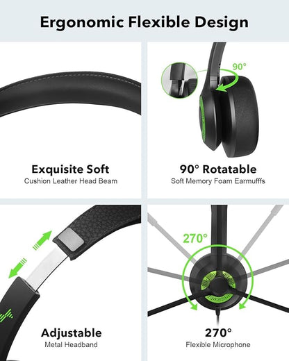 USB Headset with Mic for PC, On-Ear Computer Laptop Headphones with Noise Cancelling Microphone in-line Control for Home Office Online Class (USB+3.5mm, Green)