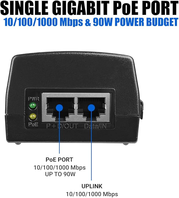 BV-Tech Gigabit Power Over Ethernet PoE++ Injector | 90W | 802.3 af/at/bt | Plug & Play | up to 325 Feet