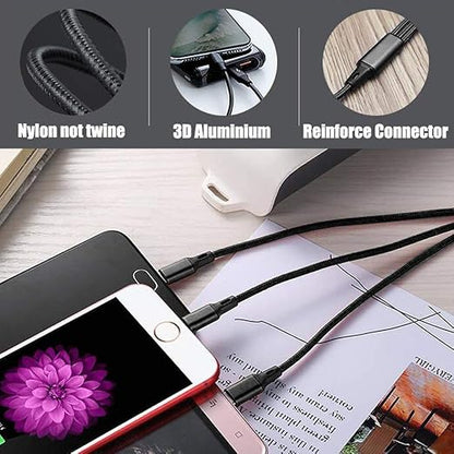 Multi USB Charging Cable 3A, 3 in 1 Fast Charger Cord Connector with Dual Phone/Type C/Micro USB Port Adapter, Compatible with Tablets Phone 12 11 Pro 8 7 6 Samsung Galaxy (4FT/2Pack Charging Only)