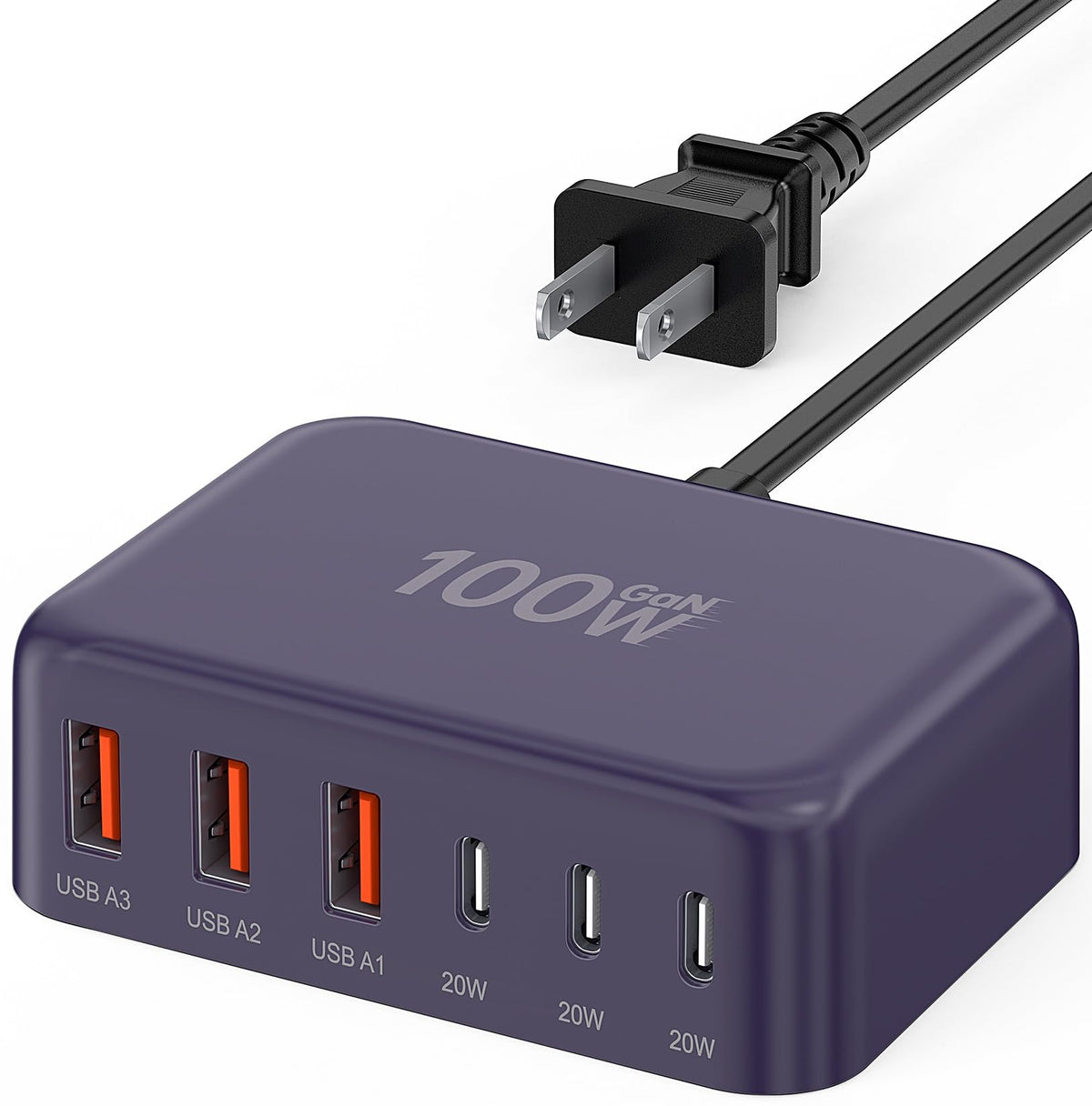 USB Fast Charger Block 50% Smaller 100W Max 6-Port GaN USB Charging Station